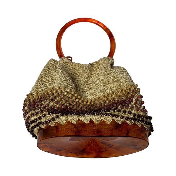 Antique Amber Beaded Boho Purse Rings Clasp Woven Clutch Early 1900s - Picture 1 of 6
